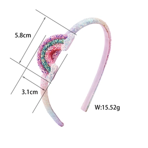 Sparkly pink sequin rainbow headband for kids featuring glitter material and dimensions