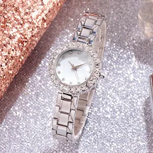 Elegant women's silver quartz watch with glittering rhinestone bezel and link bracelet