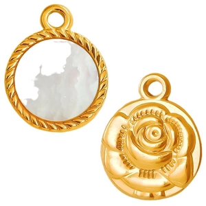 Stainless steel necklace with gold rose relief pendant and white mother of pearl inlay