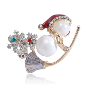 Christmas snowman pin with pearls and rhinestones on white background with reflection