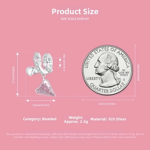 Size scale display of the pink paper plane bead showing dimensions next to a coin