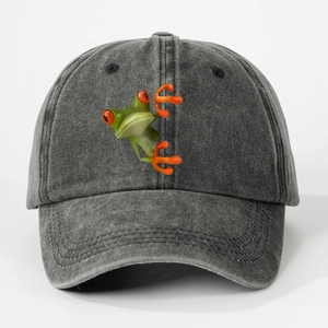 Washed dark grey baseball cap featuring a detailed 3D green tree frog embroidery design