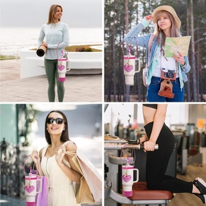 Pink Stanley cup accessory set shown in sports, travel, shopping and fitness scenarios