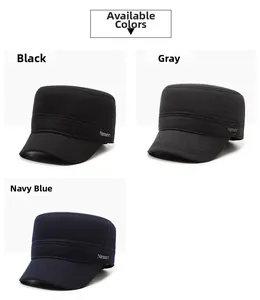 Men's wool cadet caps shown in black, grey, and navy blue with side metal logo detail
