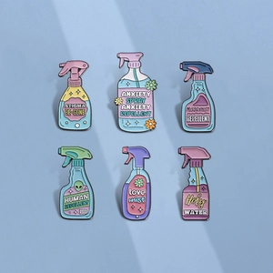 Six pieces enamel spray bottle brooches with floral patterns and creative slogans
