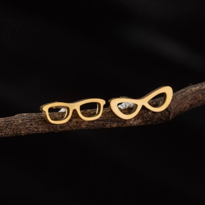 Minimalist gold stainless steel asymmetric stud earrings featuring sunglasses and infinity shapes