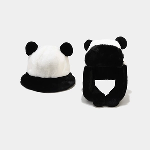 Cute Panda Plush Hat Faux Fur Warm Winter Bucket Hat And Trapper Hat With Ears For Women