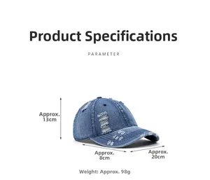 Detailed size chart of distressed denim baseball cap with 13cm height and 8cm brim measurements