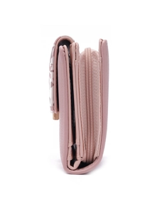 Side view of pink PU leather long wallet showing zipper compartment and folding structure