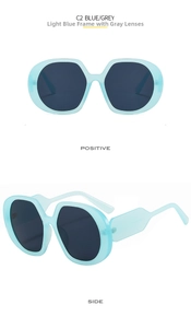 Detail of light blue oversized sunglasses with thick frames and dark grey lenses