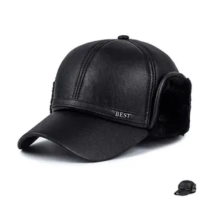 Men Winter PU Leather Baseball Cap With Ear Flaps Faux Fur Lined Warm Windproof Outdoor Hat For Elderly Middle Aged
