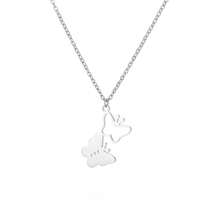 Detailed view of silver stainless steel necklace with hollow butterfly heart pendant