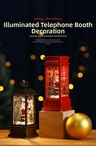 Detailed view of luminous Christmas telephone booth and vintage lantern ornaments