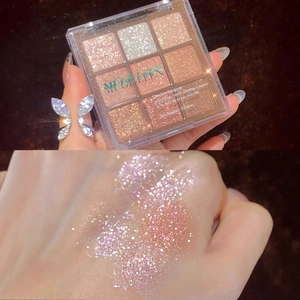 Macro view of nine-color eyeshadow palette with champagne glitter and matte earth tones