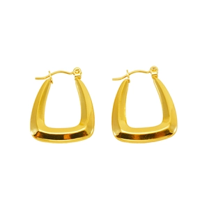 Detail of gold trapezoid hoop earrings with polished finish and secure hinge closure
