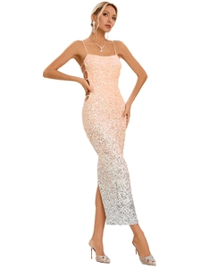 Elegant peach to silver gradient sequin slip dress with side cutout chain details