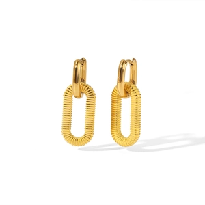 Detailed macro view of 18k gold plated stainless steel rectangle link earrings