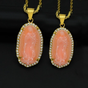 Gold stainless steel Virgin Mary pendant necklace with pink resin and diamond stones