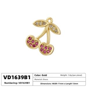 Detail of 11x13mm gold cherry pendant in brass with pink zircon and white stones