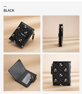 Detailed four-angle view of a black quilted PU leather wallet with card slots and floral print