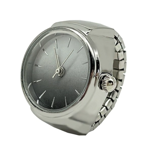 Silver metal ring watch with grey gradient dial and elastic band on white background