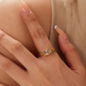 18K Gold Plated Stainless Steel Ring For Women Rectangle Cubic Zirconia Geometric Spiral Adjustable Open Finger Jewelry
