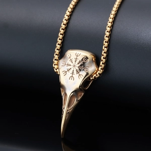 Vintage gold viking raven skull pendant necklace with nordic runes and box chain