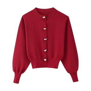 Women Knit Cardigan Red Heart Shaped Silver Buttons Long Sleeve Round Neck Casual Sweater