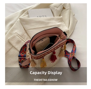 Interior view of woven bucket bag showing capacity for phone and accessories