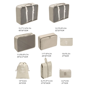 Detailed size specifications for an 8-piece beige travel luggage organizer bag set