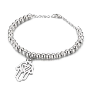 Polished stainless steel beaded bracelet featuring a Hamsa hand charm and extender chain