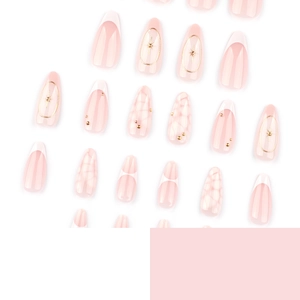 3D Bohemian French white press-on nails with almond shape, gold accents and marble texture