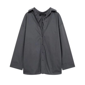 Detailed back view of dark grey long sleeve shirt showing pleated design and texture