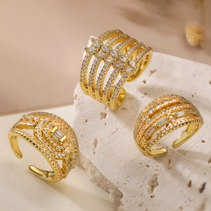 Europäischer Mode Kupfer Vergoldet Zirkonia Geometrischer Offener Ring Für Damen Verstellbarer Minimalistischer Schmuck Fingerring
