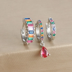 Three-piece set of silver geometric drop earrings featuring colorful zircon stones