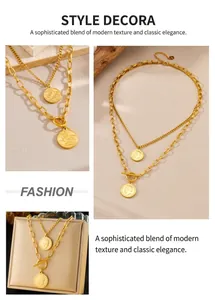 Detail of double-layer gold coin necklace with portrait relief pendant and OT buckle