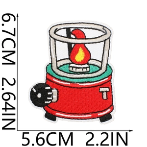Close-up of a red camping lantern embroidered patch with precise dimension markers