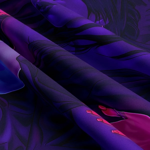 Detailed view of high-density purple twill fabric with artistic anime digital print