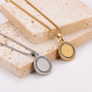 Our Lady Of Guadalupe Medallion Necklace Stainless Steel 18K Gold Plated Round Pendant Rhinestone Religious Hip Hop