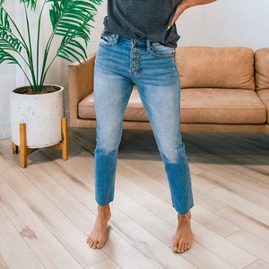 Women Straight Leg Jeans High Waist Washed Denim Pants Multi Button Fly Raw Hem Casual Vintage Ankle Length