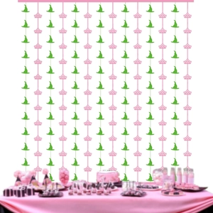 Witch hat and pink crown fringe curtain backdrop for themed birthday party decorations