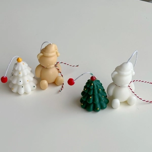 Christmas tree and teddy bear mini candles set with festive hand-painted details