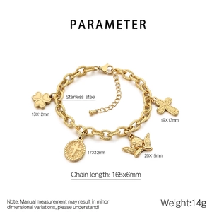 Detailed view of 18K gold plated stainless steel chain bracelet with four religious charms