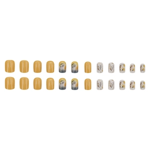 Short square press-on nails with yellow finish and botanical floral leaf patterns