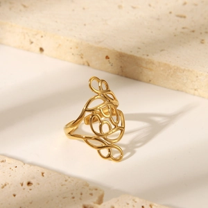 Modern irregular gold hollowed pattern stainless steel open ring for women