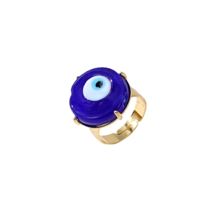 Gold plated evil eye ring with blue glass drip oil in an adjustable open band design