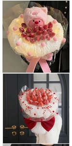 Creative strawberry bouquet detail featuring plush doll, LED lights and gift wrapping paper