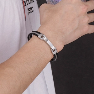 Men's multilayer black braided leather bracelet with silver polished stainless steel bar