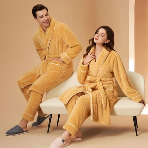 Thick ginger yellow flannel pajamas set for couples with white piping details