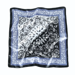 Vintage paisley print 60cm square satin silk scarf with black white and blue patterns